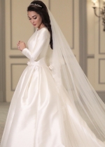 Modest Satin Long Sleeves Wedding Dress with Boat Neck