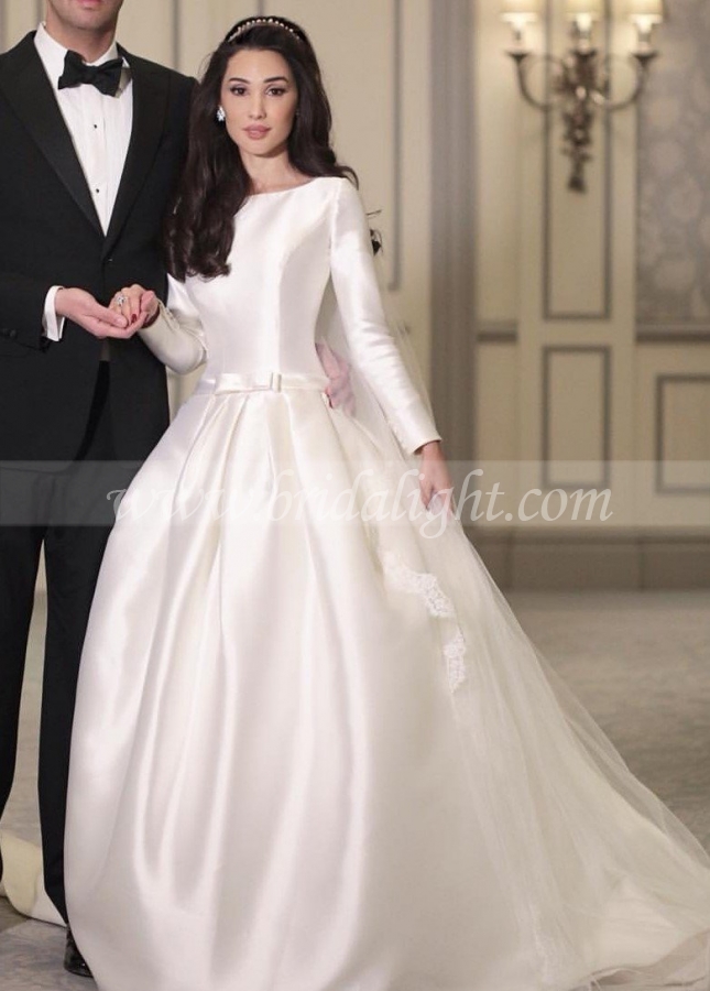 Modest Satin Long Sleeves Wedding Dress with Boat Neck