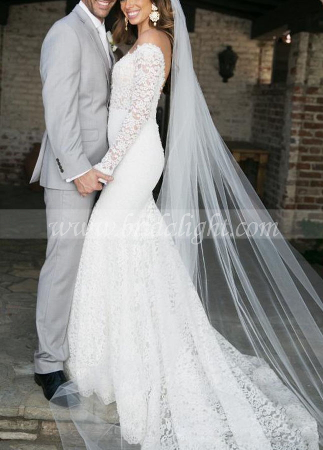 Mermaid Lace Long Sleeves Wedding Dresses with Illusion Neckline