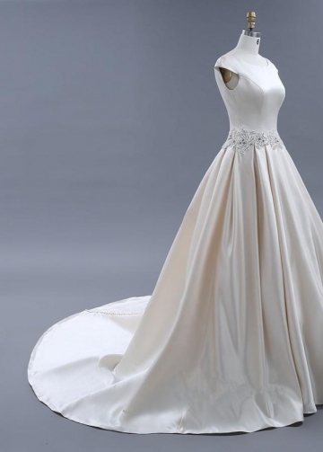 Modest Light Champagne Wedding Dresses with Beaded Sash