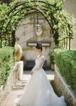 Modest Lace V-neck Outdoor Wedding Dress with Long Sleeves