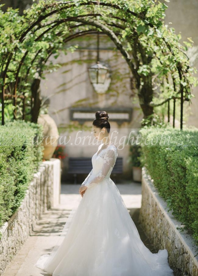 Modest Lace V-neck Outdoor Wedding Dress with Long Sleeves