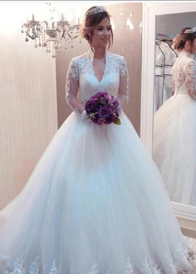 Modest Bridal Gown with See-through Long Sleeves Marriage Dress