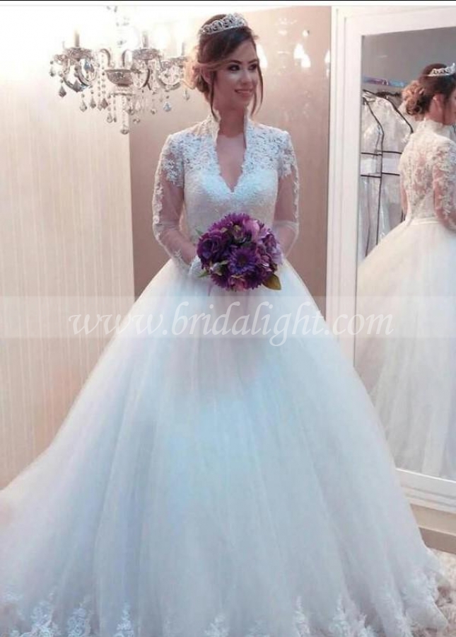 Modest Bridal Gown with See-through Long Sleeves Marriage Dress