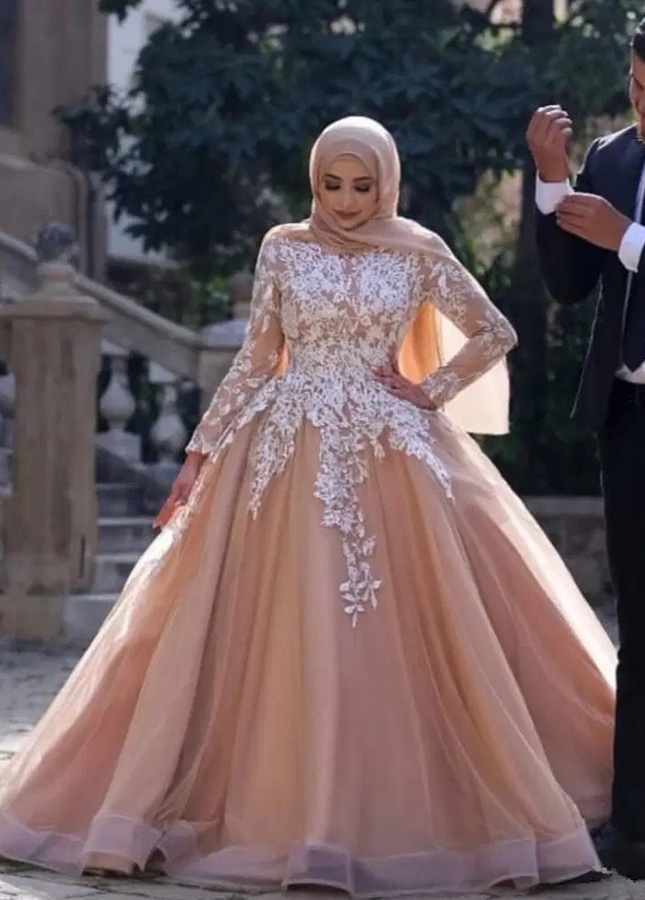 Modest Lace Muslim Long Sleeves With Lining Appliques Wedding Dresses
