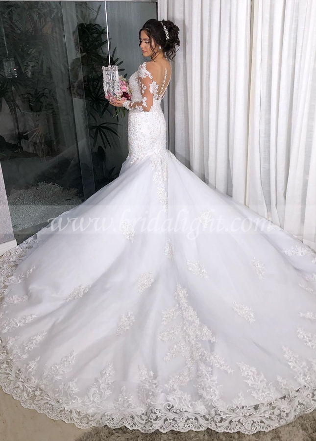 Mermaid Long Sleeves Lace Tulle Wedding Dresses