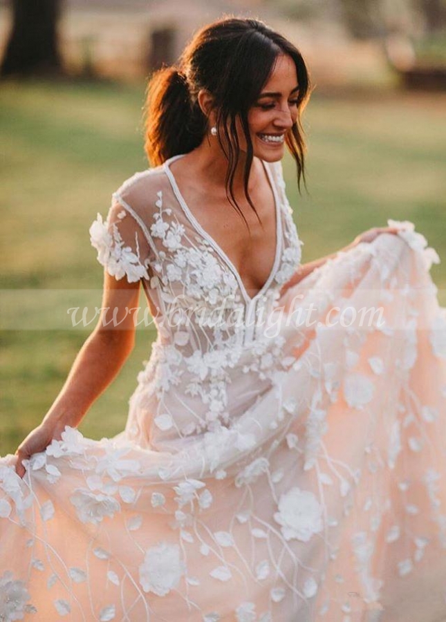 Modern 3D Floral Country Wedding Dresses with Sleeves