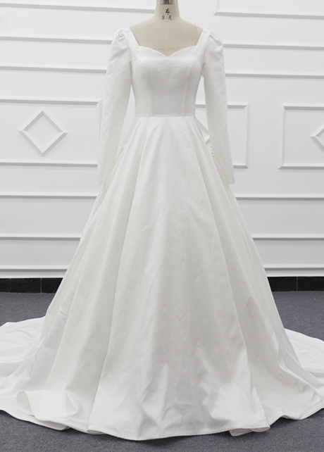 Modest A Line Wedding Dresses Long Sleeves Simple Satin Bridal Gowns Elegant Vestido de noivas