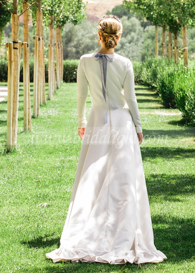 Modest Stain Long Sleeved Bride Dresses with Blue Ribbon Vestidos De Noiva