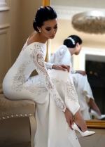 Modest Mermaid Wedding Dresses Lace Appliqued Beaded Sweep Train Boho Wedding Dress