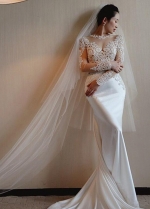 Mermaid Vintage Satin Wedding Dress Lace Appliques Sheer Sleeves Bridal Dress