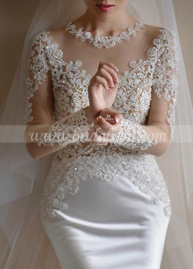 Mermaid Vintage Satin Wedding Dress Lace Appliques Sheer Sleeves Bridal Dress