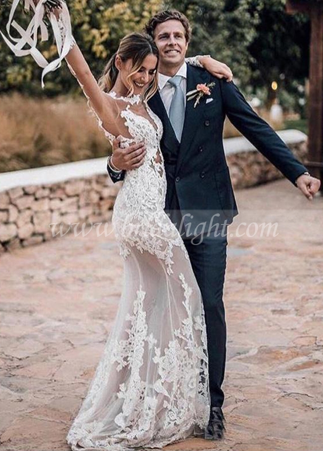 Mermaid Wedding Dresses Lace Boho Wedding Gowns Appliques Sheer illusion Lace Sexy Long Sleeves Bride Dress