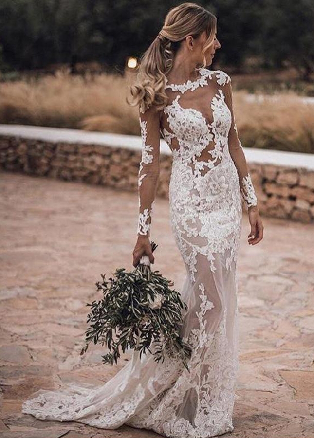 Mermaid Wedding Dresses Lace Boho Wedding Gowns Appliques Sheer illusion Lace Sexy Long Sleeves Bride Dress