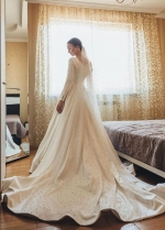 Modest Long Sleeve Satin Wedding Dress with Long Train