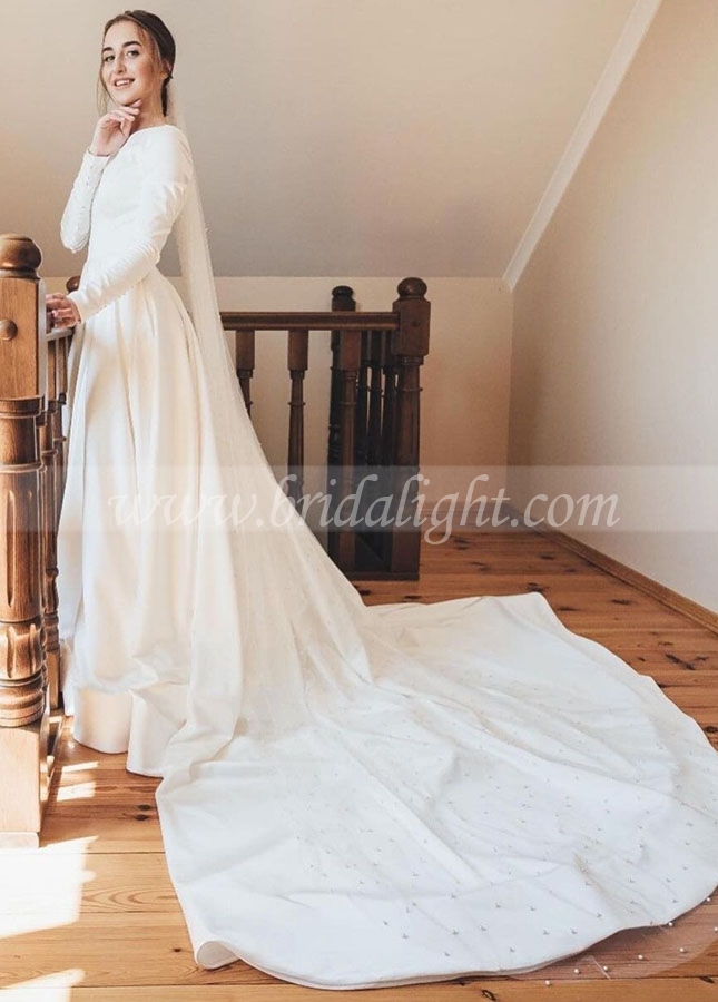 Modest Long Sleeve Satin Wedding Dress with Long Train