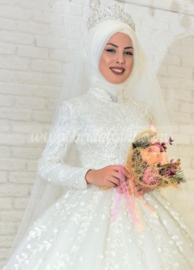 Muslim Long Sleeves Appliques Wedding Dresses Elegant Noivas Ball Gowns