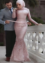 Mermaid Long Sleeves Dusty Pink Lace Muslim Wedding Dresses