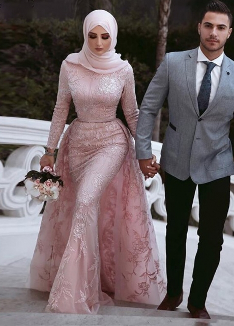 Mermaid Long Sleeves Dusty Pink Lace Muslim Wedding Dresses