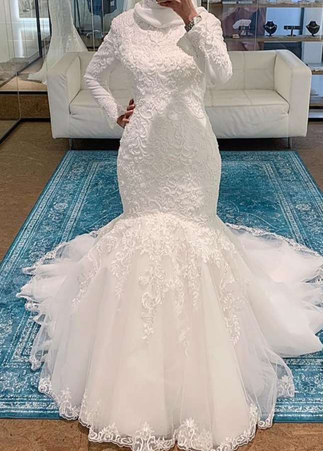 Mermaid Long Sleeves Tulle Lace Muslim Wedding Dresses
