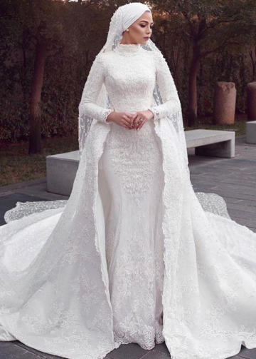 Amazon.com: Muslim High Neck Lace Bridal Ball Gown Long Sleeves Wedding  Dresses with Train for Women Bride 2021 Plus Size Ivory : Clothing, Shoes &  Jewelry