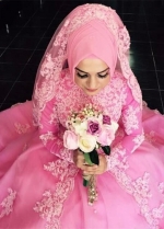 Muslim Pink Wedding Dresses Long Sleeve Applique Lace Bridal Gowns