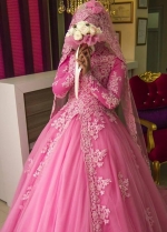 Muslim Pink Wedding Dresses Long Sleeve Applique Lace Bridal Gowns