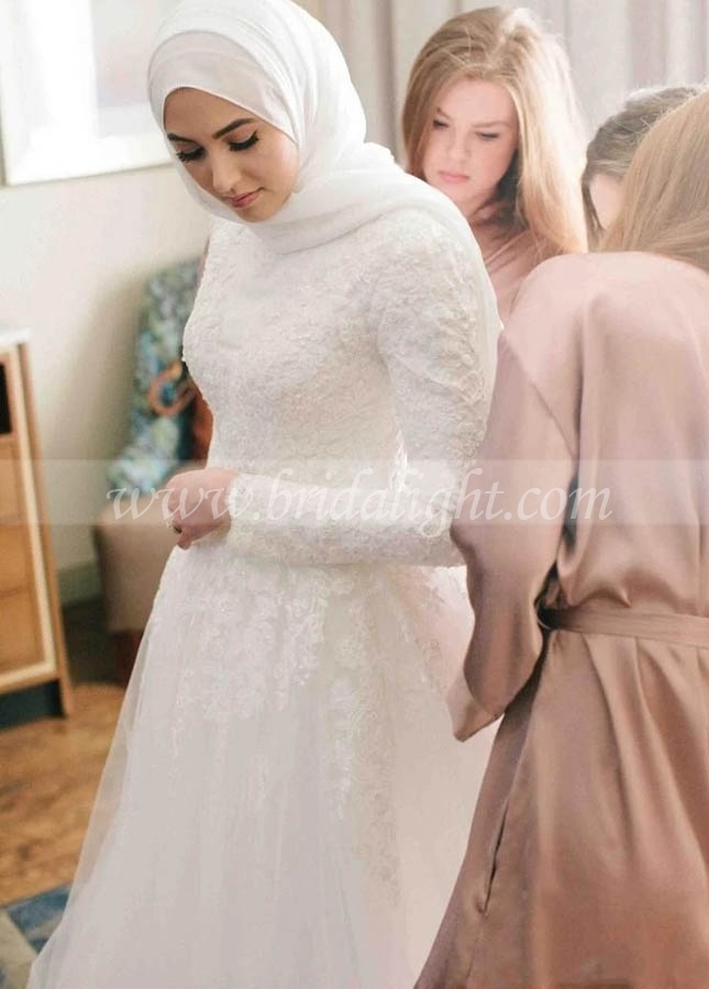Modest Elegant Muslim A-line Tulle Wedding Dresses with Long Sleeves