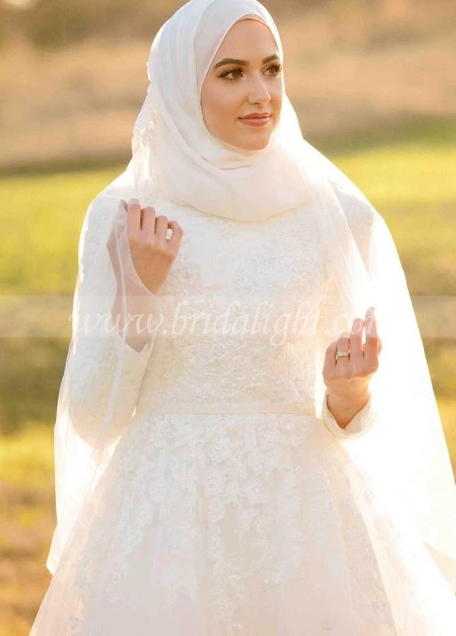 Modest Elegant Muslim A-line Tulle Wedding Dresses with Long Sleeves