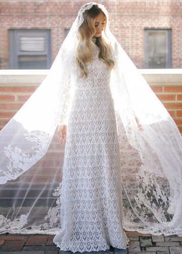 Boho Lace Wedding Dresses High Collar Long Sleeves Macrame elegant Muslim Spring Bridal Gowns