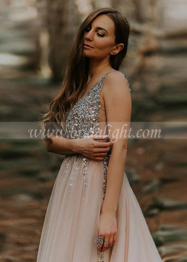 Nude Tulle Sparkly Beaded Wedding Dresses V-Neck Backless Bridal Gowns Boho Robe de Soriee Chic