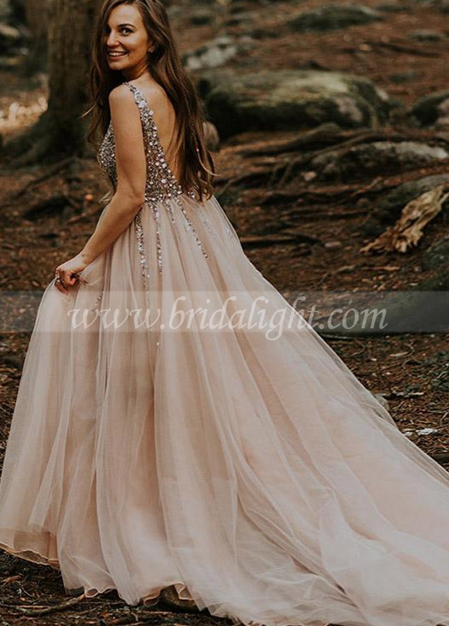Nude Tulle Sparkly Beaded Wedding Dresses V-Neck Backless Bridal Gowns Boho Robe de Soriee Chic