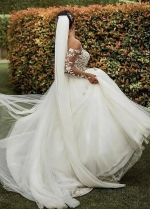 New White Tulle Long Sleeve Sheer Wedding Dresses Bridal Gowns