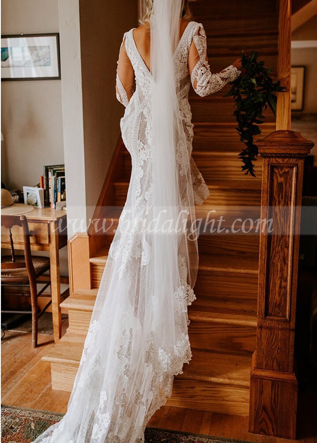 Nude Lining Lace Wedding Dresses Long Sleeve Robe De Soriee V-Neck Unique Bridal Gowns Boho