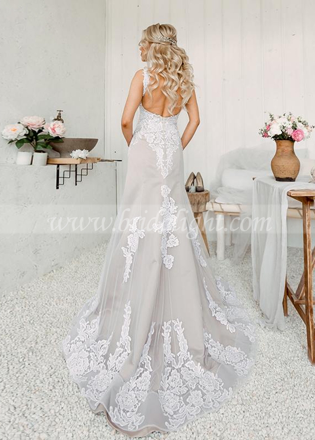 Nude champagne lace wedding dress mermaid bridal gowns