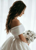 Off-the-shoulder Satin Ball Gown Wedding Dress with Beaded Appliques Train