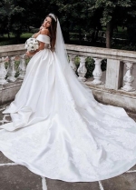 Off-the-shoulder Satin Ball Gown Wedding Dress with Beaded Appliques Train