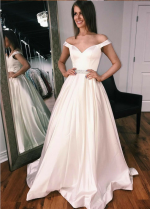 Off-the-shoulder Sweetheart A-line Satin Wedding Gown with Beaded Belt