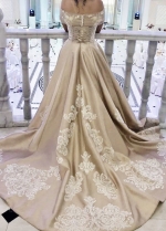 Off the Shoulder Satin Champagne Wedding Dresses with Chapel Train