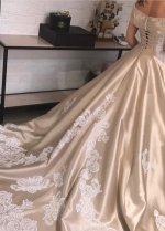 Off the Shoulder Satin Champagne Wedding Dresses with Chapel Train