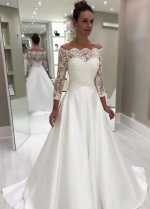 Off-the-shoulder Lace Sleeve Wedding Gown with Satin Skirt