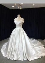 Off-the-shoulder Satin Wedding Gown with Royal Train