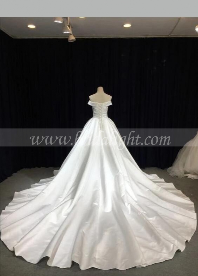 Off-the-shoulder Satin Wedding Gown with Royal Train