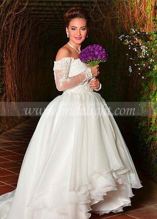 Off-the-shoulder Organza Wedding Dress with Lace Sleeves