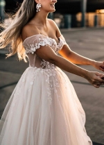 Off the Shoulder Lace Corset Wedding Dress with Tulle Skirt