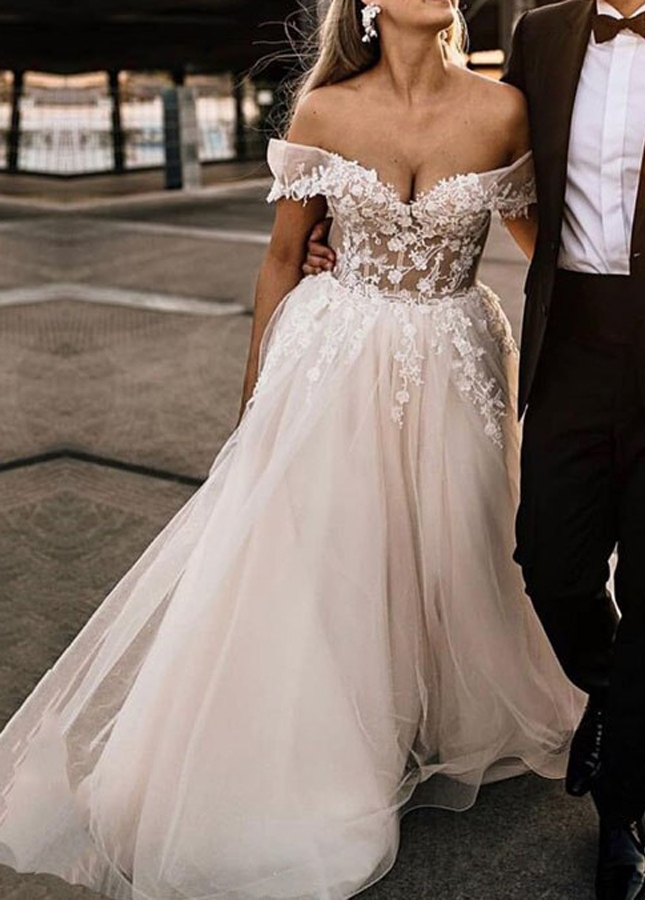 Off the Shoulder Lace Corset Wedding Dress with Tulle Skirt