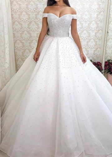 Off the Shoulder Pearls Wedding Dress Luxurious 2022