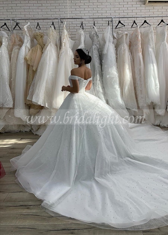 Off-the-shoulder Pearls Bride Dress with Cathedral Tail