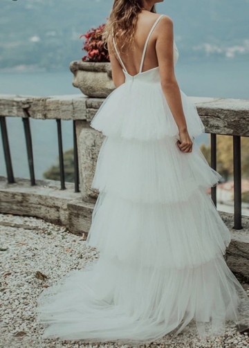 Open Back Wedding Dresses with Tulle Tiered Skirt