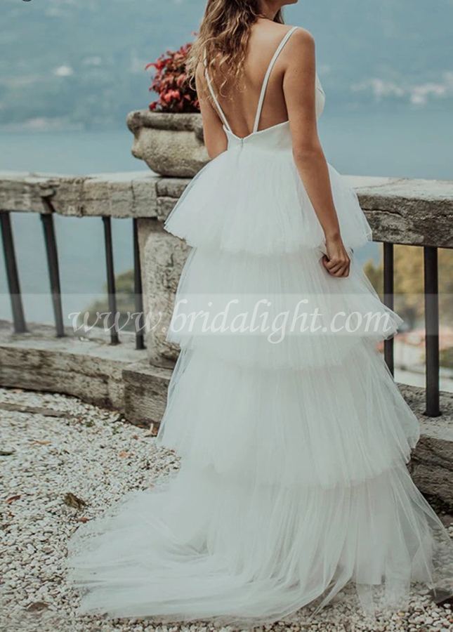 Open Back Wedding Dresses with Tulle Tiered Skirt
